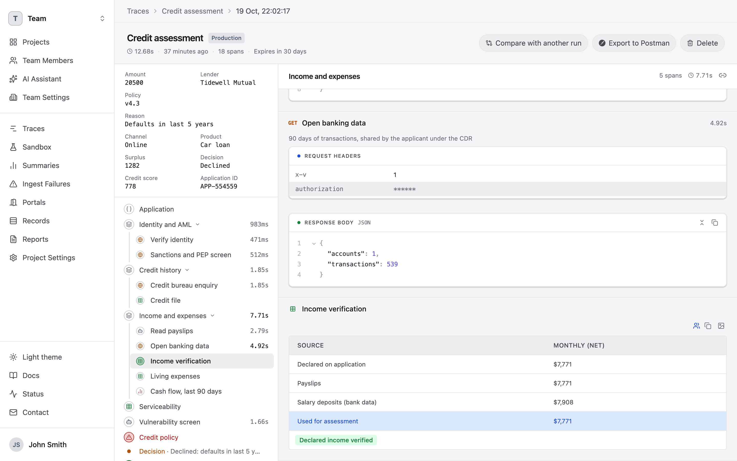 A credit assessment traced in the Recount dashboard: its fields, every step with its timing, and a request with its authorization header redacted.